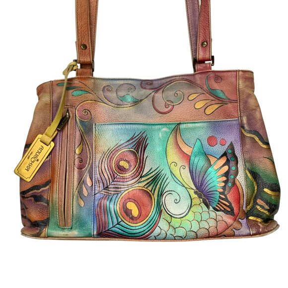 Anuschka Painted Butterfly Leather Hobo Shoulder Bag Zip Top Purse Dual Straps - Picture 15 of 16